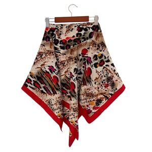 Albert Nipon Designer Scarf Leopard Print Red Border Silky Square 35x35